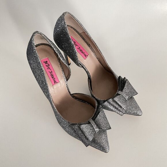 Betsey Johnson Heels 8.5M Pewter Prince Glitter Point-toe D’orsay Bow Stiletto - Picture 11 of 13